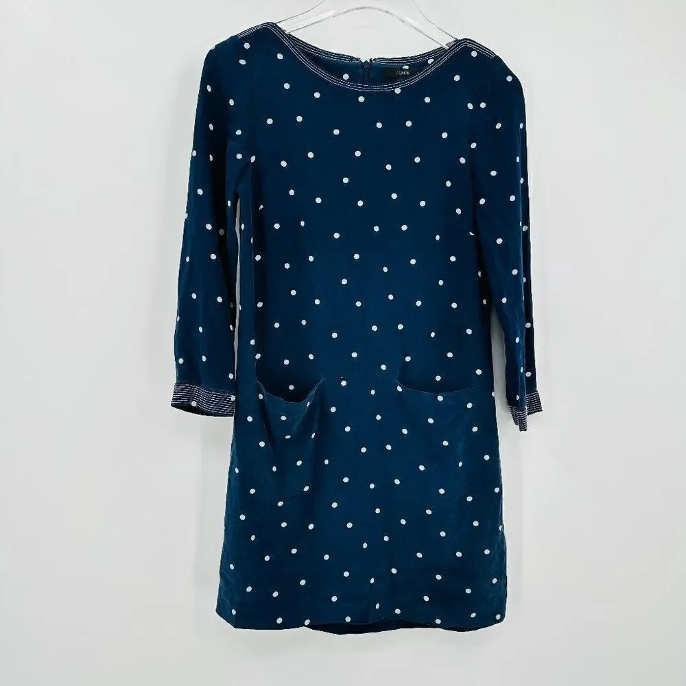 J. Crew Size 00 Navy Blue & White Polka Dot 100% Silk 3/4 Sleeve Shift Dress